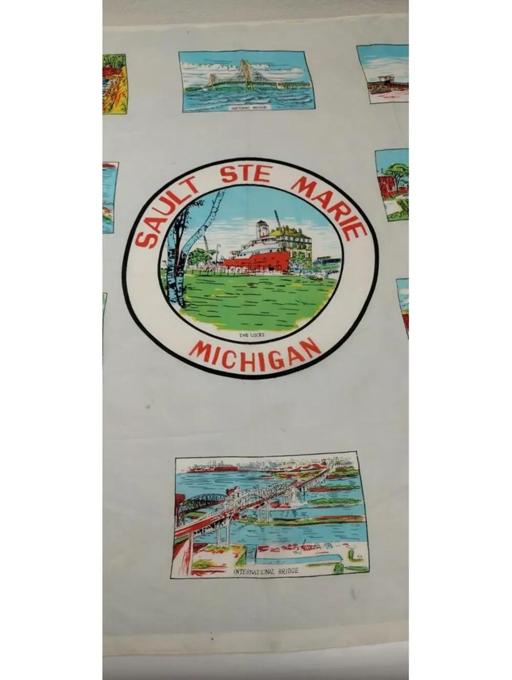 Vintage 1960s MICHIGAN SCARF SAULT STE. MARIE Souvenir Boat Ferry LARGE SIZE 28